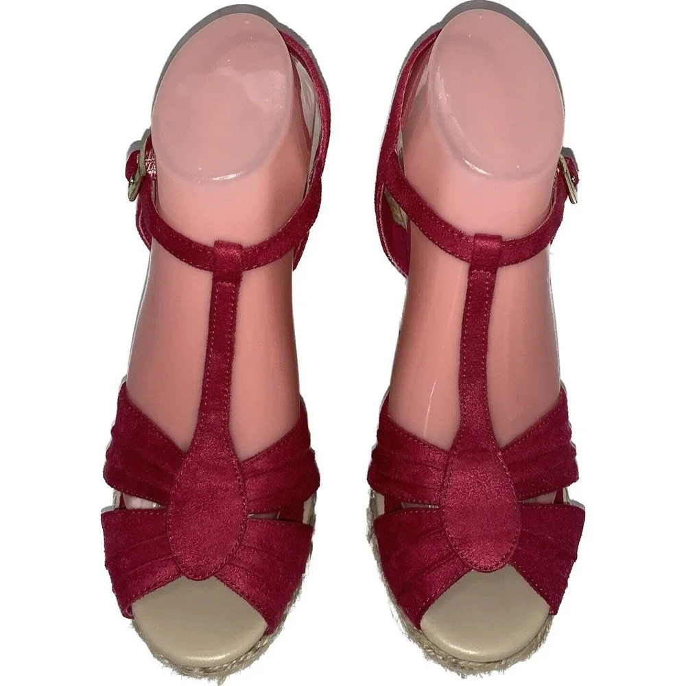 Wedge Sandals T-Strap Espadrille Platform Ankle Buckle Closure Women Size 9 Pink